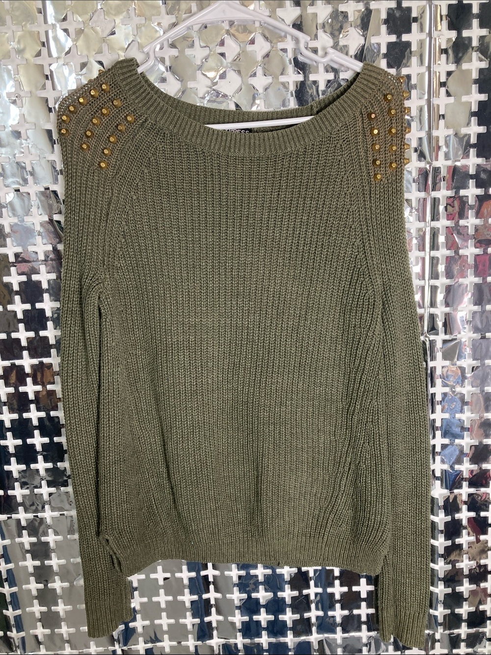 Express Olive Green Crewneck Sweater with Gold Studs